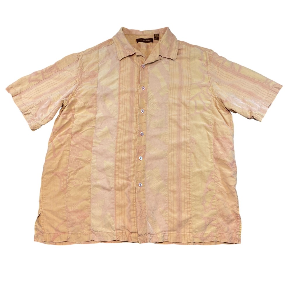 Tori Richard Mens XL Silk Jacquard Tropical Camp Shirt Peach Short Sleeve Button